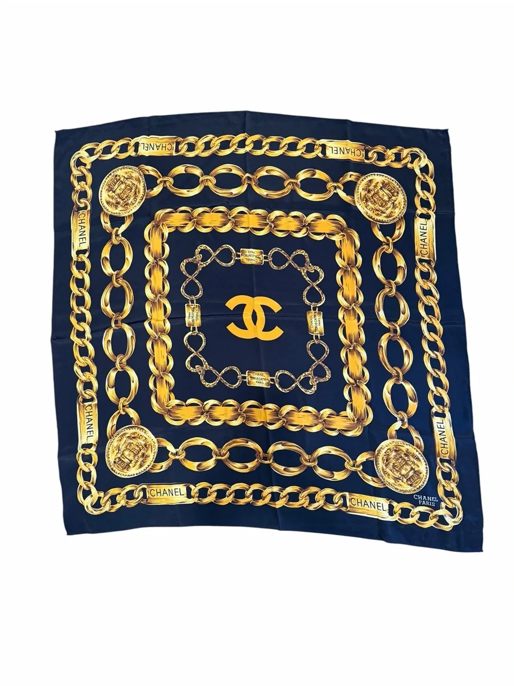 CHANEL Navy Blue and Gold Chain Print Silk Scarf